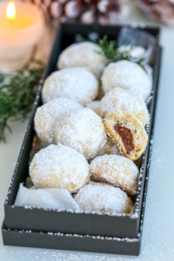A box with snowball nutella cookies. 
