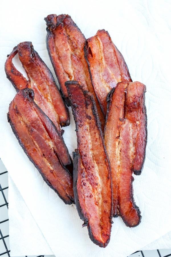 Air fryer crispy bacon on a towel
