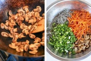 Mushrooms in a wok, bowl with ingredients