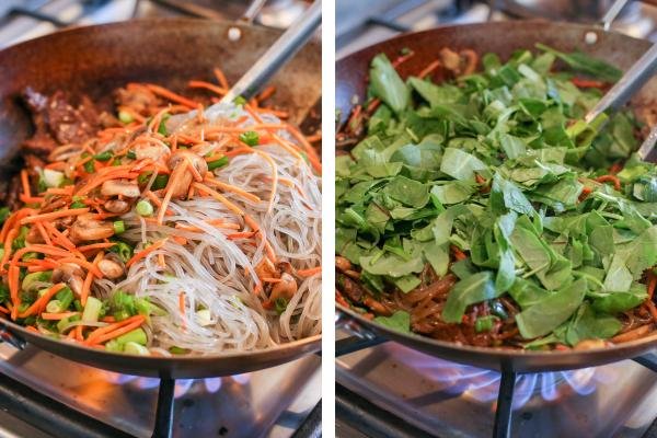 Wok with ingredients cooking