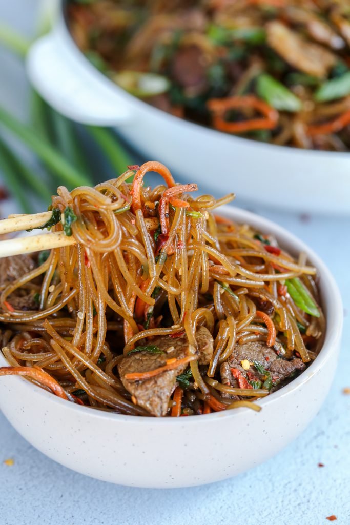 Korean spicy noodles in a bowl