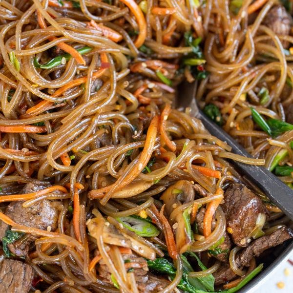 Korean spicy noodles in a dish