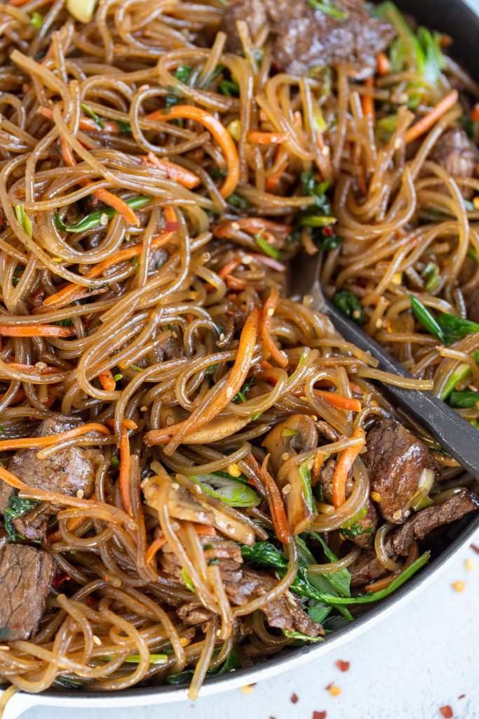 Korean spicy noodles in a dish