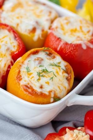 Lasagna Stuffed Peppers in a baking dish