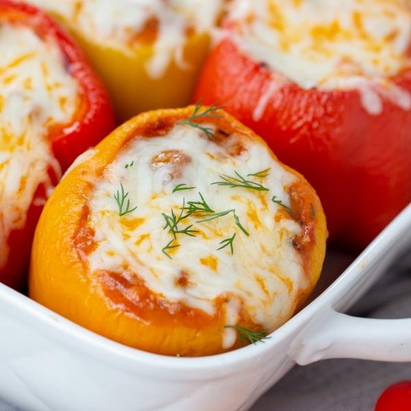 Lasagna Stuffed Peppers in a baking dish