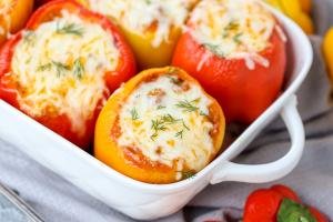 Low Carb Lasagna Stuffed Peppers in a baking dish