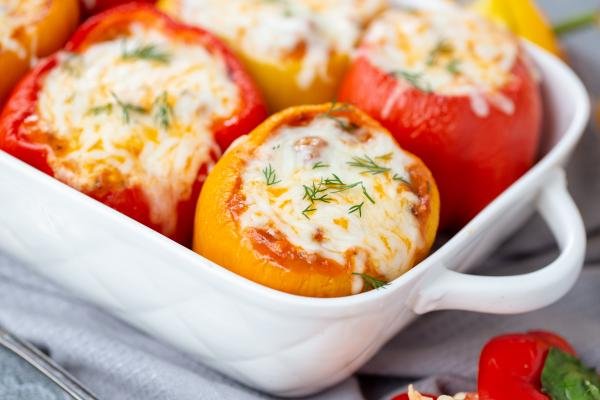 Lasagna Stuffed Peppers in a baking dish