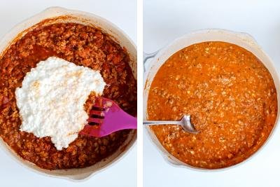 Skillet with meat sauce and cheese