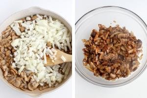 Skillet with mushrooms and onion, bowl with cooked mushrooms and onion