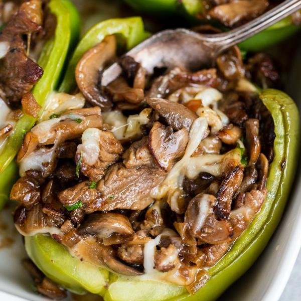 Cheesesteak Stuffed Peppers in a baking dish