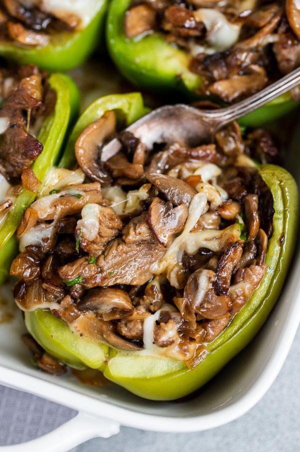 Cheesesteak Stuffed Peppers in a baking dish