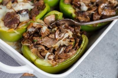 Cheesesteak Stuffed Peppers in a baking dish