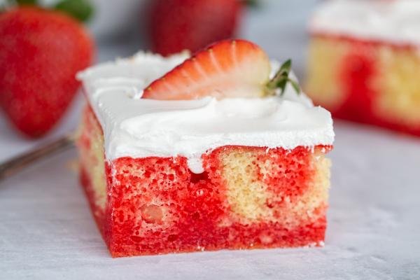 Slice of Strawberry Jello Poke Cake