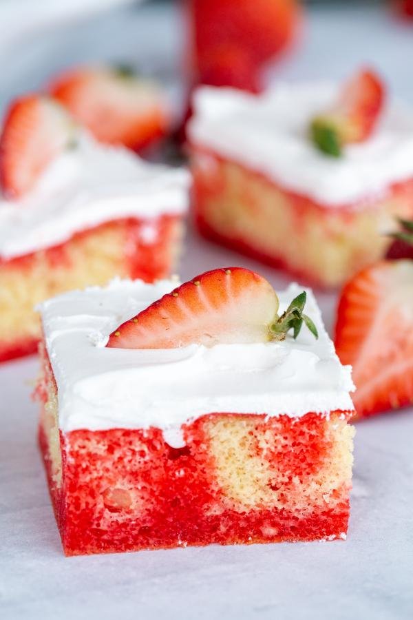 Slice of Strawberry Jello Poke Cake