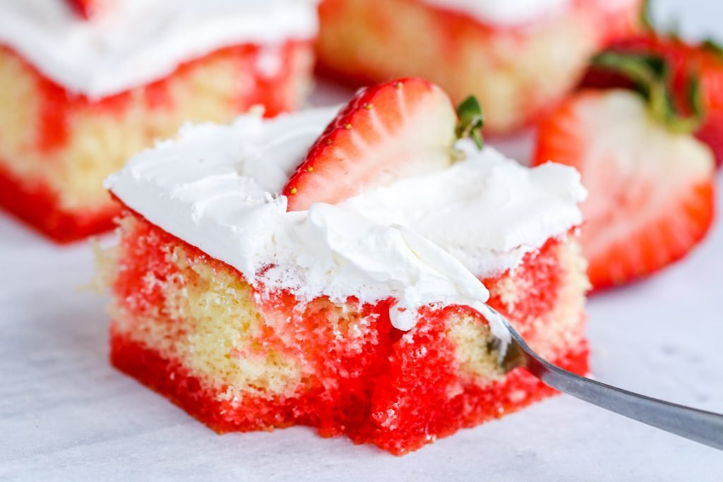 Slice of Strawberry Jello Poke Cake