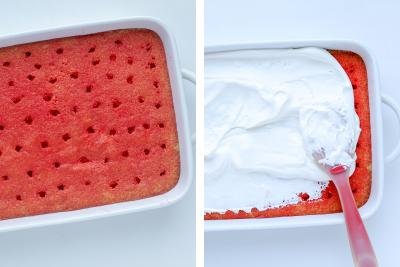 Sponge cake with jello and whipping cream