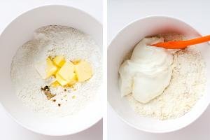 Two bowls, with flour, butter and sour cream