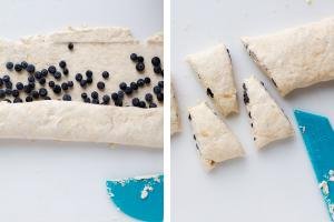 Dough with blueberries, cut scones
