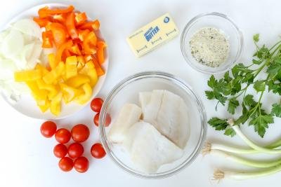 Baked Cod ingredients on a board