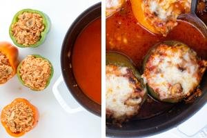 Stuffed peppers with sauce and cheesy tops