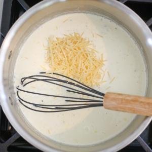 Pot with cream and and parmesan in a cooking pot