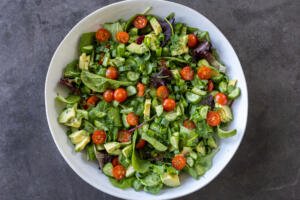 Garden salad veggies in a bowl.