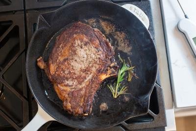 Cooked Ribeye in a cast iron skillet