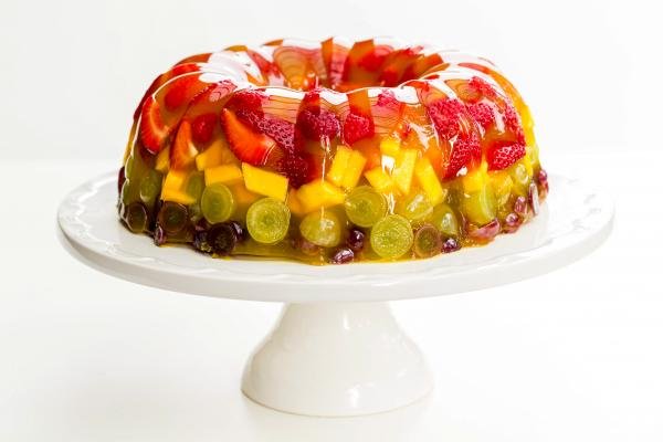 Fruit Jello dessert on a cake stand 