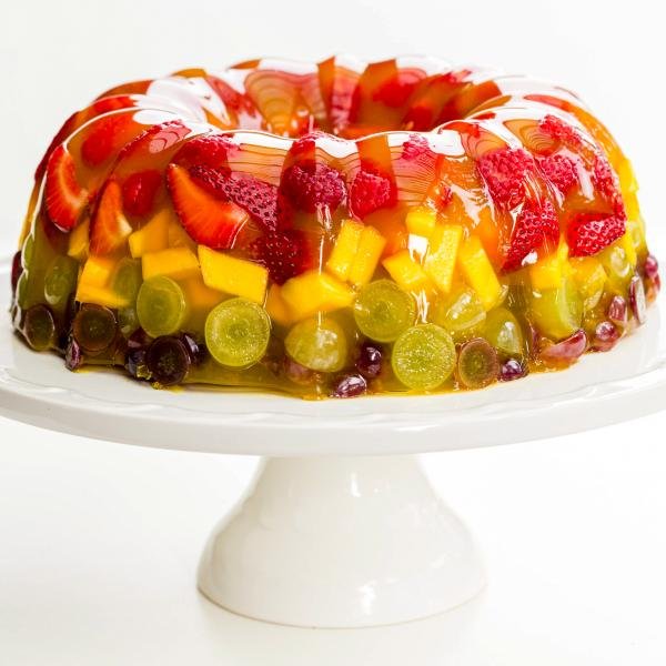 Fruit Jello dessert on a cake stand