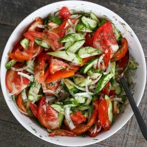 Mixed Garden Cucumber and Tomato salad combined together.