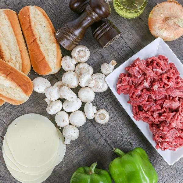 Ingredients for the Philly Cheesesteak on the tray