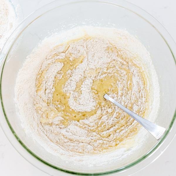Banana bread dough in th making, flour getting mixed in