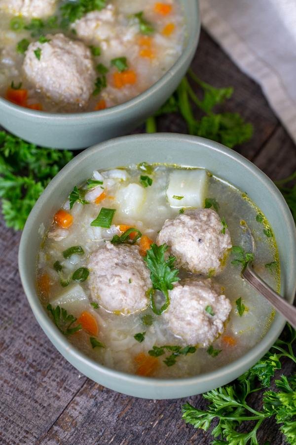 bowl of meatball soup in a bowl