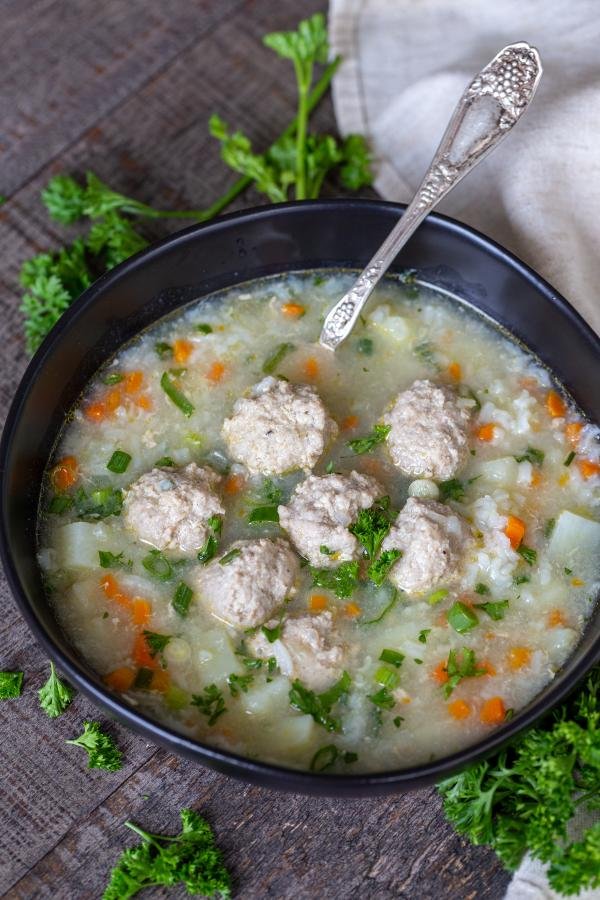 bowl of meatball soup in a bowl