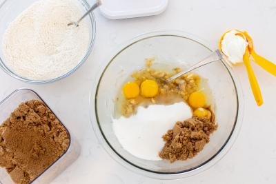 Banana Bread ingredients in a bowl