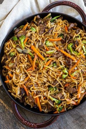 Beef Lo Mein in a cooking pan