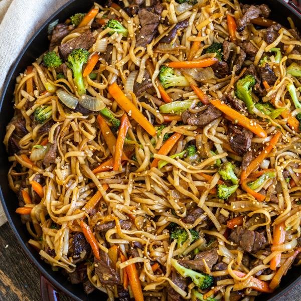 Beef Lo Mein in a cooking pan