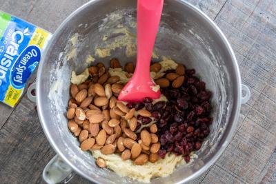 Mixing bowl with almonds and cranberries