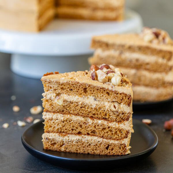 A slice of dulce de leche cake