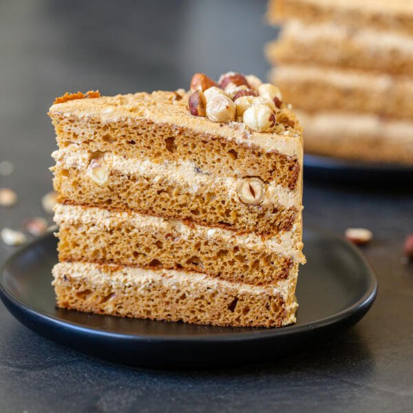 A slice of dulce de leche cake