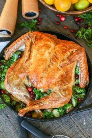 Roasted turkey in a pan with herbs around it