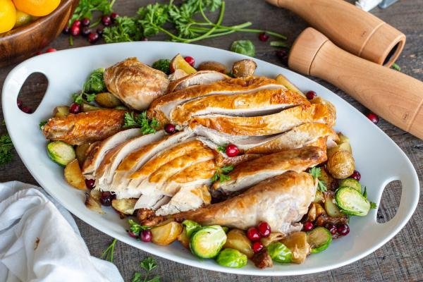 Sliced turkey in a serving dish 