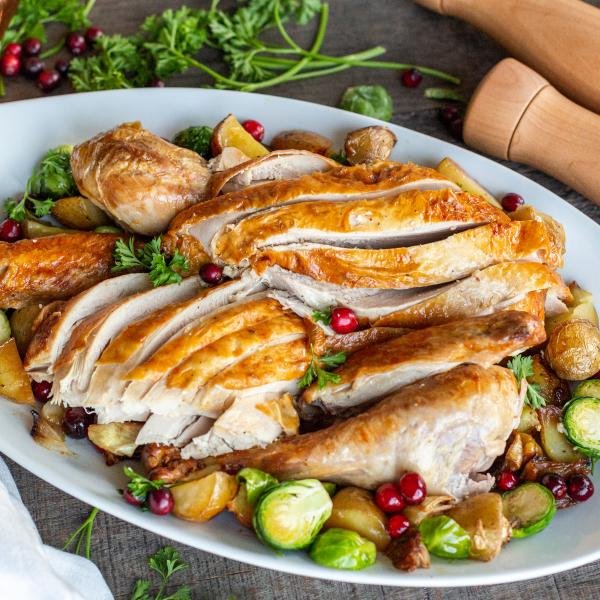 Sliced turkey in a serving dish