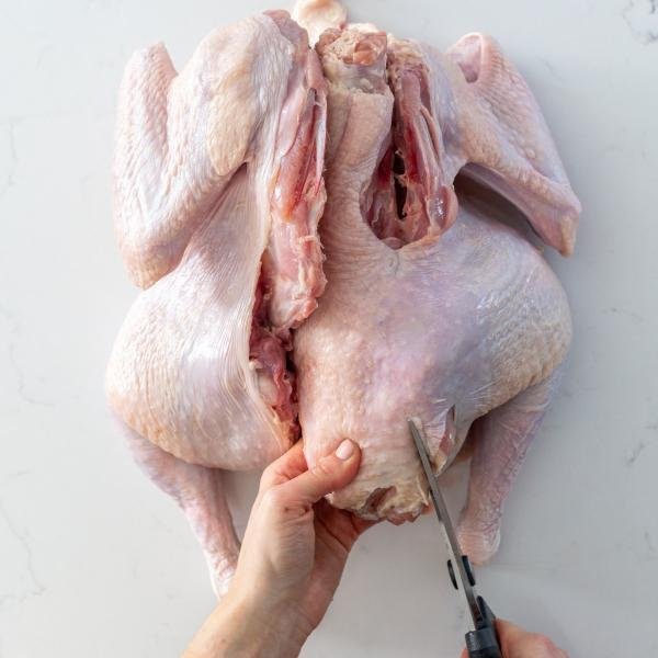 Back bone getting cut of out the turkey