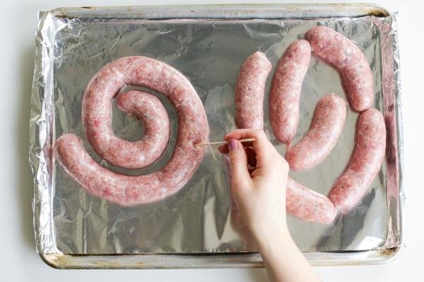 Poking casing on a baking tray