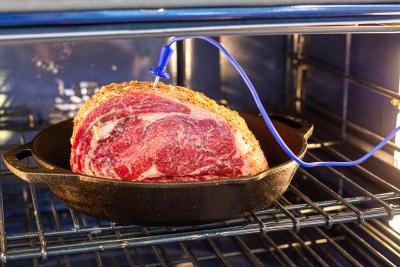 Rib roast in an oven with thermometer inserted