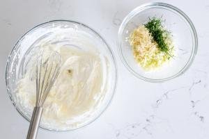 Whipping cream, Horseradish and fennel in a bowl