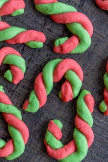 Candy cane cookies on a tray.