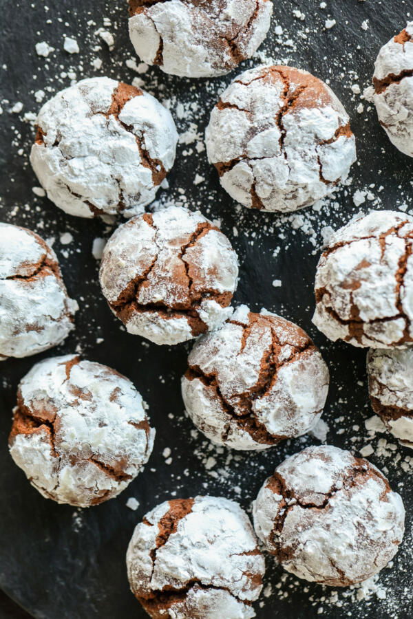 Chocolate Crinkle Cookies on a sheet.