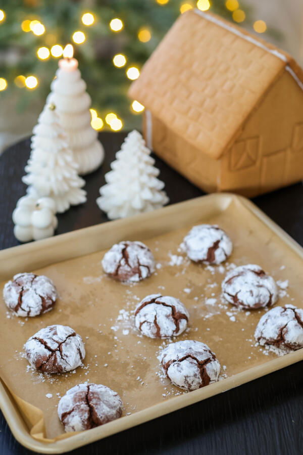 Baked Chocolate Crinkle Cookies on a baking sheet.